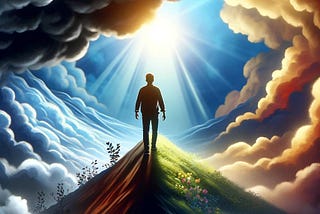 The image symbolizes the journey from darkness into light, capturing a moment of breakthrough and hope. A man is standing on a mountain facing the light. He has conquered his demons.