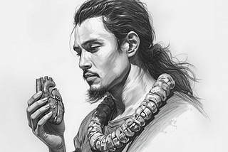 Drawing of a man looking a heart in his hand with a face of deep contemplation by Christopher Knight Lopez