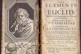 Open book with an engraving of Euclid on the flyleaf and a title page reading “The Elements of Euclid”