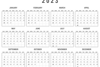 2023 Calendar at a Glance Printable. Downloadable calendar for the year 2023 in black and white. Print our calendars in US Letter size.