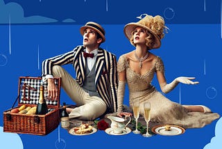 An image of a posh couple having a picnic beside a river and it is starting to rain