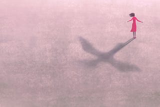 Illustration shows a woman in a pink dress with outstretched arms who has a shadow of a bird.