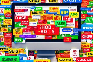 IMAGE: A computer screen displaying a webpage that’s inundated with a chaotic array of cheap and intrusive ads, capturing the frustration of a poor user experience