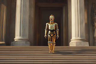 Robot walking out of courthouse (AI training law suits)