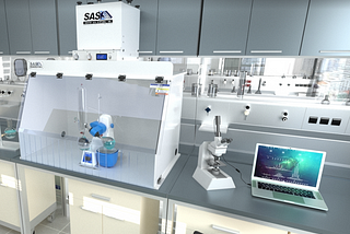 Laboratory scene with ductless fume hood containing rotary evaporator with other lab tools on bench nearby