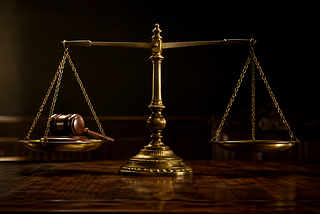 An antique brass balance scale sits perfectly level on a dark wooden judge’s bench, with a wooden gavel resting on one pan and the opposite pan empty, lit in dramatic gold and shadow.