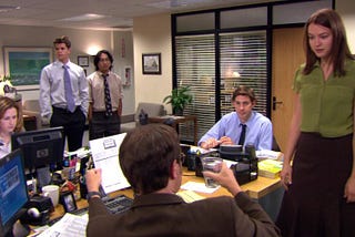 A screen-grab from Season 6, Episode 1 of The Office, entitled “Gossip.”