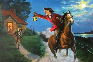Paul Revere, in his tri-cornered hat, carries a lantern and rides a brown horse toward the viewer. From the left, a resident is rushing out of his home after him, carrying his gun.