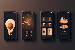 Four mobile phones with mockup screens displaying a progression of restaurant app development: a lightbulb for ideation, analytics graphics for audience research, a series of coffee cups for app features, and a served breakfast for final user experience, all against a dark, rich background.