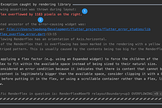 An example of the new structured error message displayed to the user when a RenderFlex overflow error occurs.