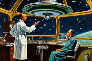 Two doctors in a room with planets and stars visible in the windows. The doctors are examining a small saucer-shaped spacecraft.
