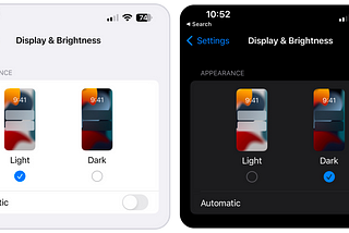 Light mode and dark mode controls on iPhone.