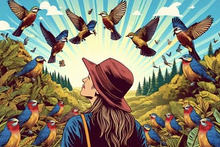 a woman in a forest surrounded by birds