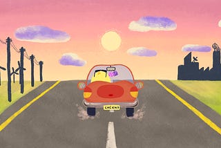A duck character driving a red car down an empty road towards the sunset. There are wind turbines and electrical poles on the left, and a city skyline to the right.