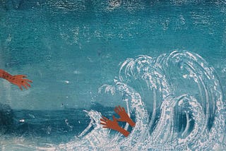 Mixed-media painting of blue waves, with a hand reaching from shore to two hands in the water.