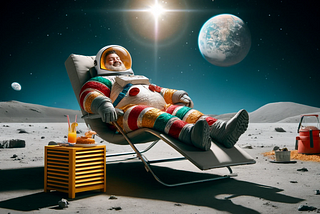 A middle-aged man in a spacesuit is sunbathing on the moon.