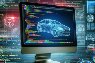 Hundreds of lines of colourful code displayed on a modern, sleek computer monitor, symbolising advanced software development for the automotive industry, with hints of digital car diagrams and interface elements in the background.