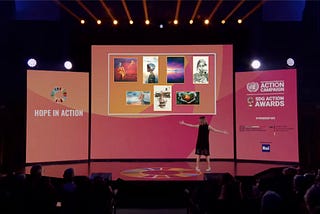 Marina Ponti, Global Director of the UN SDG Action Campaign during the unveiling of 7 selected artworks at the UN SDG Action Awards Ceremony in Rome.