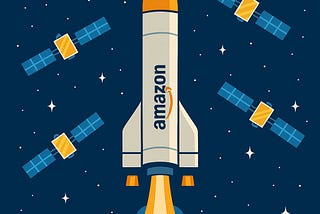 IMAGE: An Amazon-branded rocket lifts off amid four Kuiper satellites against a starry dark-blue space backdrop