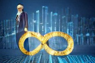 A rich man standing behind an infinity symbol made of gold with a virtual city in the background.