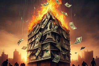 This is an image of a burning tower of money and people walking around looking scared or downtrodden.