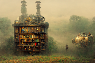 A huge library shelf with machinery around standing in a foggy fantasy like nature scenery. There is also another, smaller machine like object that seems to also contain books.