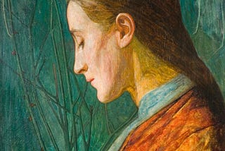 portrait of a reflective person with closed eyes and bowed head wearing orange against a teal background