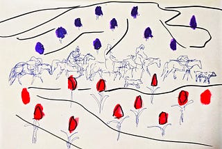 Ink and color sketch of a caravan moving through a landscape of red tulips and dark violet forms.