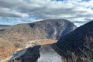 Delaware Water Gap seen from the Appalachian Trail at Mount Minsi in Pennsylvania with I-80 on the left