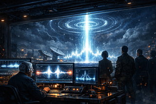 : Wide science‑fiction illustration of an underground command bunker at night. An older technician sits at a glowing console, monitoring a deep‑space signal displayed as twin blue‑white waveforms. Behind him, Director Kade and two officers watch through a panoramic window as a massive energy beam rises from satellite dishes into a stormy sky, lightning flickering around it. The bunker is dimly lit by monitors and electrical sparks, conveying tension as the harmonic pulse intensifies.