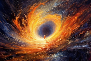 A colorful and tasteful impressionistic depiction of a blackhole in deep space with a figure off in the distance experiencing spaghetification