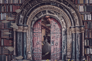 A picture of a library with many shelves and books on them. An archway is at the center. Pages are flying throughout and there is an open door at the center of the archway. There is a woman in a dress inside the doorway. The words “Akashic Records” are in yellow towards the bottom right of the picture.