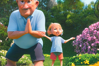 A grandparent and grandchild practicing yoga together in a serene garden surrounded by blooming flowers and lush greenery, connecting with nature and feeling peaceful.