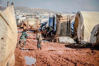 Refugee camps with tents from the displacement of people.