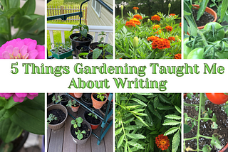 5 Things Gardening Taught Me About Writing over pictures of flowers and tomatoes