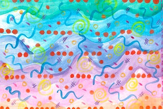 An abstract painting with waves of blue, green, purple, and pink, overlaid by by reddish dots and swirly blue lines.