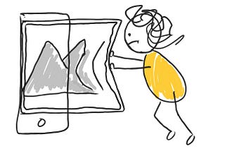 Hand-drawn illustration of person trying to squeeze an oversized image into a iphone