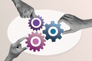 Three different hands reach out to turn three different gears on a central oval.