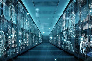 Server racks in computer network security server room data center, 3d rendering. Computer digital drawing.