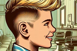 a vector drawing of the close-up profile of a smiling blond ten-year old boy with a short mohawk standing in an empty barber shop