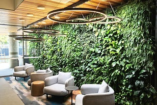 A variety of lush green plants covering a floor to celing wall. Infront are some chairs and tables.