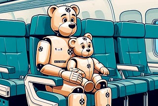 Cartoon style image of adult and infant crash test dummies that look like teddy bears, sitting on a row of passenger aircraft seats.
