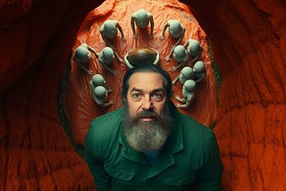 A weathered, weary-looking bearded man wearing a green rain jacket and rain pants is seen crawling inside a narrow mountain tunnel with orange rock walls and a green algae-covered surface. He peers out through a crescent-shaped opening and sees a dozen, 10-foot-tall, frightening but beautiful humanoid creatures with powder white skin surrounding a man lying atop an acorn-shaped altar. The mood is surreal, terrifying and alien.