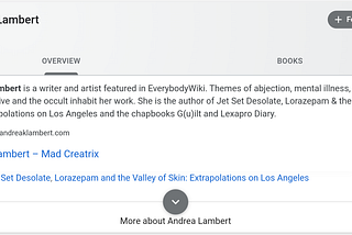 Screenshot of Google search results identifying Andrea Lambert as a writer and artist.