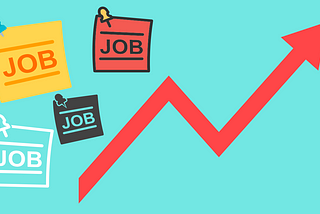 An upward red arrow representing job growth trends in 2025, surrounded by colorful post-it notes with the word ‘JOB’ on them, symbolizing an increase in job opportunities. The post-it notes are in yellow, red, black, and white, pinned onto a light blue background.