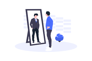 Ilustração de uma pessoa na frente de um espelho refletindo uma profissional em posição confiante.