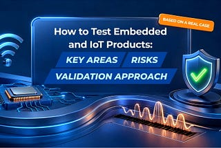Hero image for an embedded and IoT testing article, featuring a glowing circuit board, Wi-Fi symbol, shield checkmark, signal waveform, and validation approach labels.