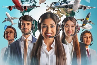 A photorealistic illustration of diverse customer service representatives from varying real-world nationalities wearing headsets, surrounded by travel-related icons such as airplanes, luggage, passports, and weather symbols, to visually-convey the comprehensive offshore customer support provided by travel insurance customer service outsourcing teams, highlighting the adaptability and responsiveness of services offered.