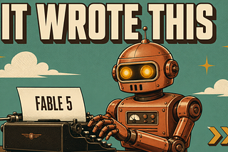 Hero illustration for Claude Fable 5 guide: retro robot typing its own launch article, It Wrote This headline