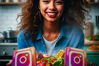 A smiling young woman is holding a plate that has food on it. Two Instagram logos are also on the plate.